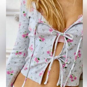 Aerie Floral Long Sleeve Tie Front Cardigan in Light Gray